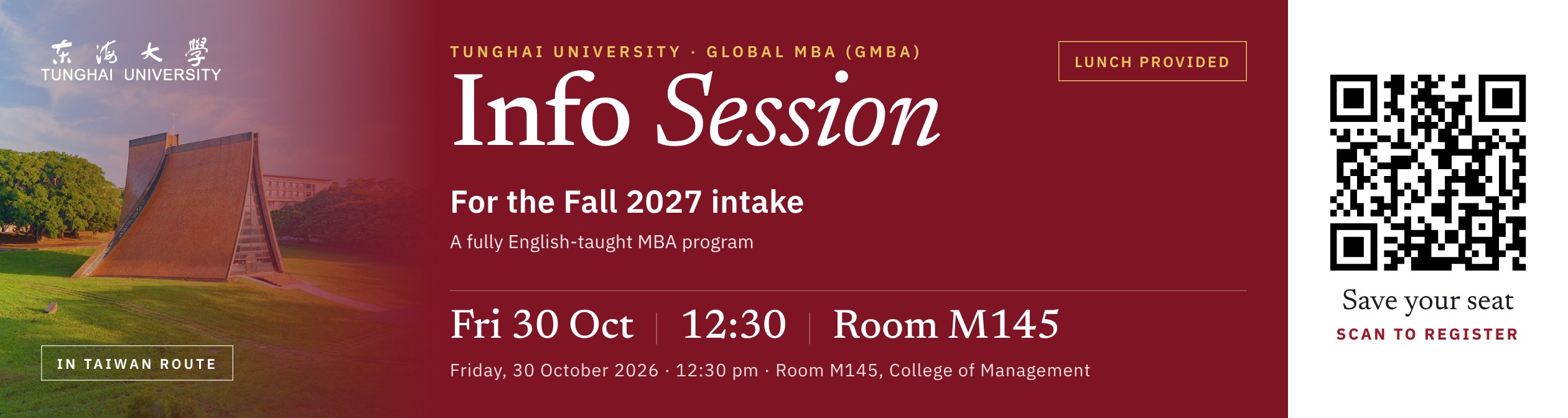 GMBA Info Session for Fall 2027 intake · Fri 30 Oct, 12:30 · Room M145 — lunch provided (click to register)